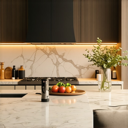 A sophisticated kitchen featuring Calacatta marble countertops, artisanal hardware, and integrated smart lighting