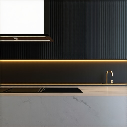 Luxurious contemporary kitchen with smart appliances A modern luxury kitchen featuring built-in appliances, minimalist aesthetic, and high-tech cooking tools.