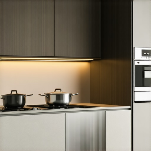 Elegant modern kitchen showcasing premium cookware and appliances, stylish design, luxurious materials