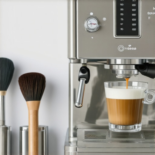 Espresso machine with cleaning tools and thermometer in upscale kitchen