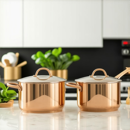 Luxury stainless steel and copper cookware set on kitchen counter