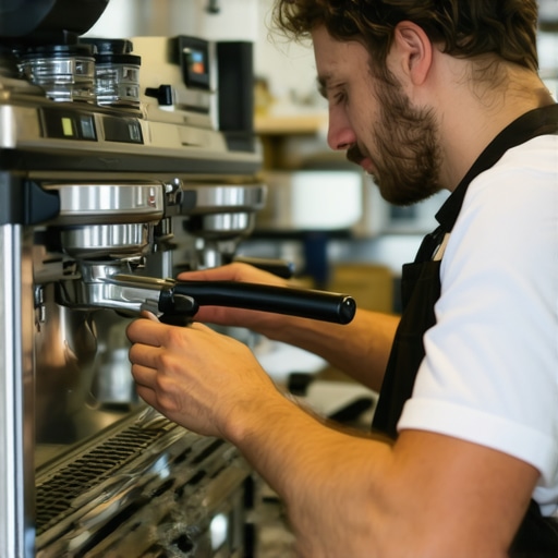 A person tuning an espresso machine in a high-end kitchen setting