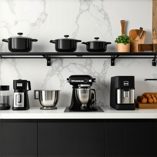 A high-end kitchen featuring stylish appliances like espresso machine, air fryer, and stand mixer, all elegantly arranged.