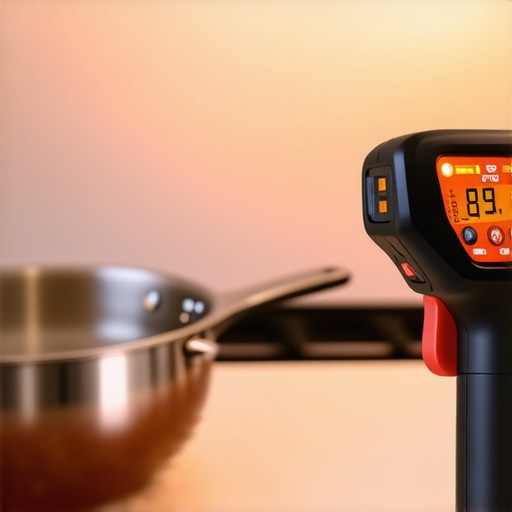 Close-up of an infrared thermometer measuring a premium copper pan in a sleek kitchen