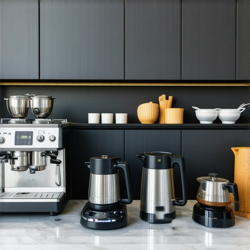 A modern upscale kitchen featuring premium espresso machine, cookware, and smart appliances