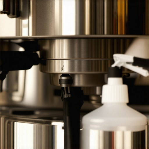 A barista performing descaling on an espresso machine with cleaning supplies