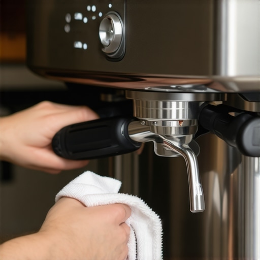 Person cleaning a premium espresso machine with brushes and cloth