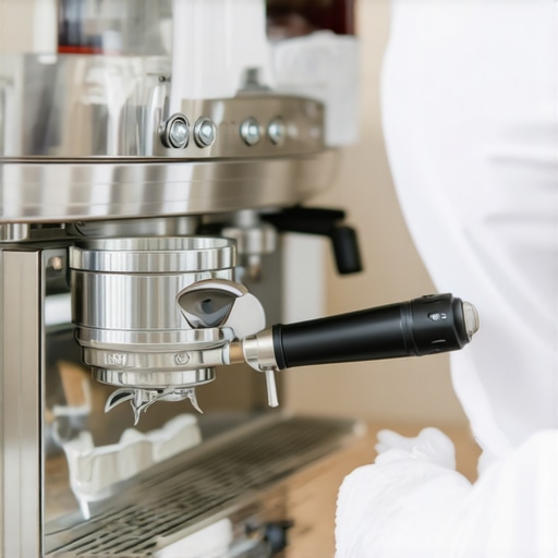Hands cleaning a high-end espresso machine with tools and descaler.