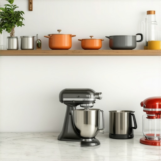 Premium Kitchen Tools in a Modern Luxury Kitchen A stylish kitchen featuring premium cookware, espresso machine, and stand mixer neatly arranged