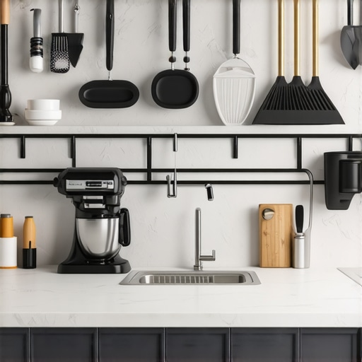 An organized luxury kitchen with premium appliances and cleaning supplies ready for maintenance.