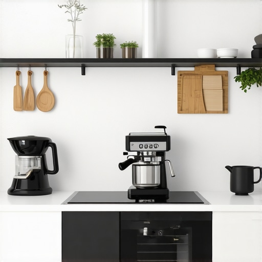 A sleek small kitchen featuring a compact espresso machine and premium cookware on a clean countertop