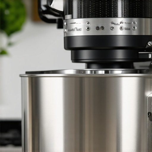 Close-up of a premium carbon-fiber stand mixer showing its sleek surface in a modern kitchen setting.