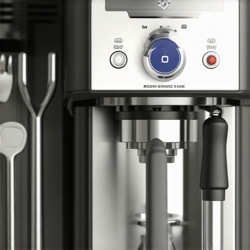 A high-end espresso machine with cleaning brush and calibration tools in a modern kitchen.