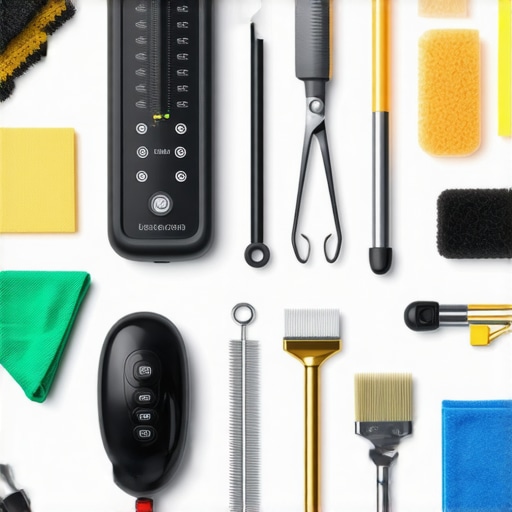 Luxury kitchen maintenance tools setup A collection of premium tools for maintaining high-end kitchen appliances arranged on a sleek countertop in a luxury kitchen.