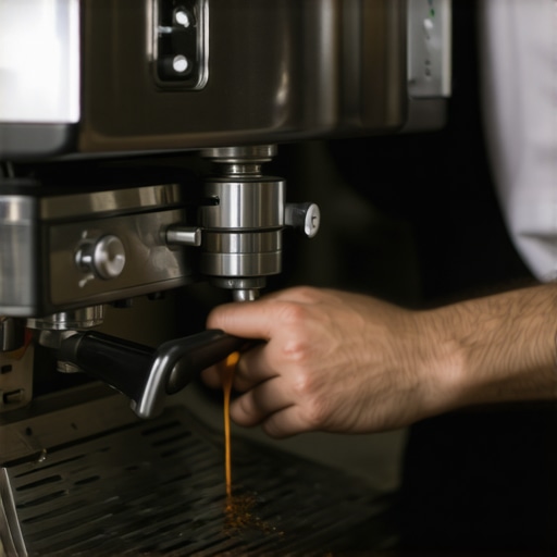 Technician performing maintenance on a high-end espresso machine, emphasizing regular upkeep for longevity.
