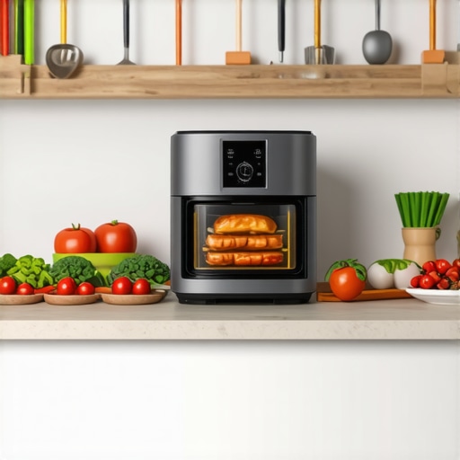 A modern kitchen setup featuring a multi-zone air fryer with prepared ingredients ready for cooking