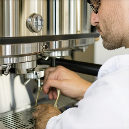 A barista adjusting a luxury espresso machine with calibration tools.