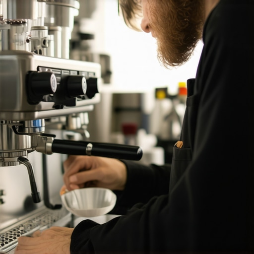 A barista adjusting pressure profile settings on an advanced espresso machine in a modern kitchen