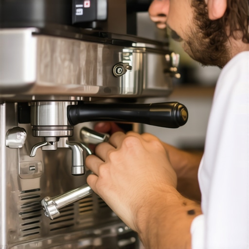 Proper Maintenance of Espresso Machines A barista cleaning an espresso machine with detailed attention to parts and tools