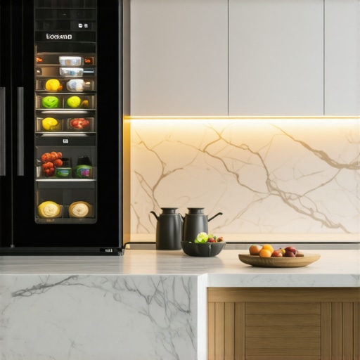 A sleek smart refrigerator with digital interface in a luxury kitchen