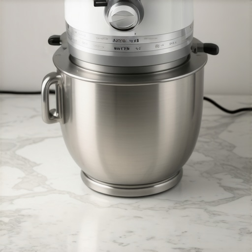 Close-up of a top-tier stand mixer stabilized with an anti-slip mat on a sleek kitchen countertop.