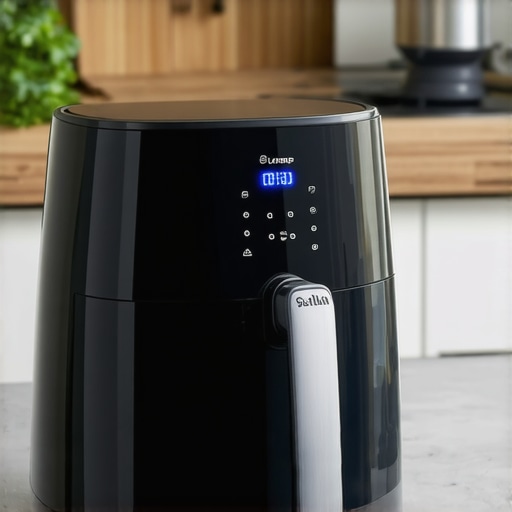 Modern solid-state air fryer with digital interface A contemporary solid-state air fryer with digital controls and ceramic finish on a kitchen countertop.