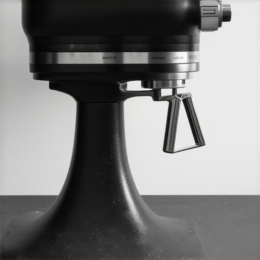 A black industrial-style stand mixer with a concrete base on a kitchen counter.