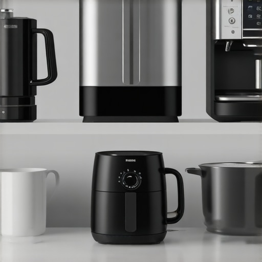 Modern Kitchen Appliances Arrangement Kitchen countertop showcasing air fryer, espresso machine, and cookware