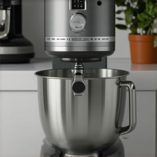 A contemporary kitchen scene with a pressure-mapping stand mixer on the countertop, highlighting its controls and sensors.