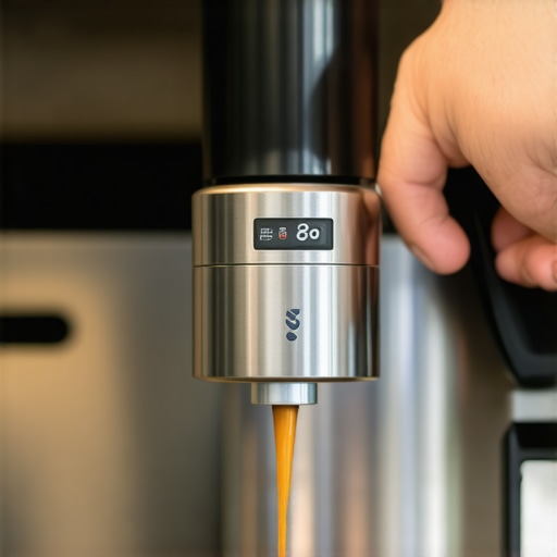 Pressure-Sensitive Tamper in Use Barista tamping espresso with pressure-sensitive tool showing digital feedback