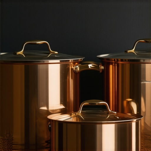 PrestigeCraft Copper Collection in a stylish kitchen Luxury copper cookware set displayed on a modern kitchen counter