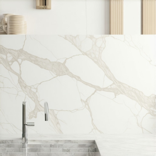 White quartzite countertop with subtle veining in a sleek kitchen