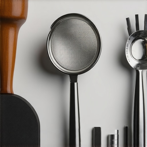 Basic espresso puck prep tools including tamper, scoop, and sieve on a kitchen countertop.