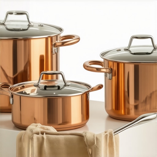 A stylish kitchen setup featuring the All-Clad Copper Core cookware set