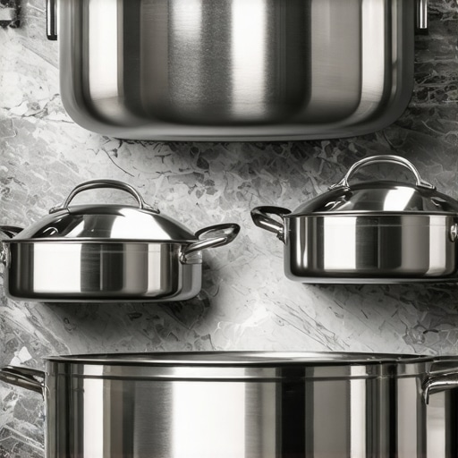 A complete set of All-Clad stainless steel pots and pans on a kitchen counter.