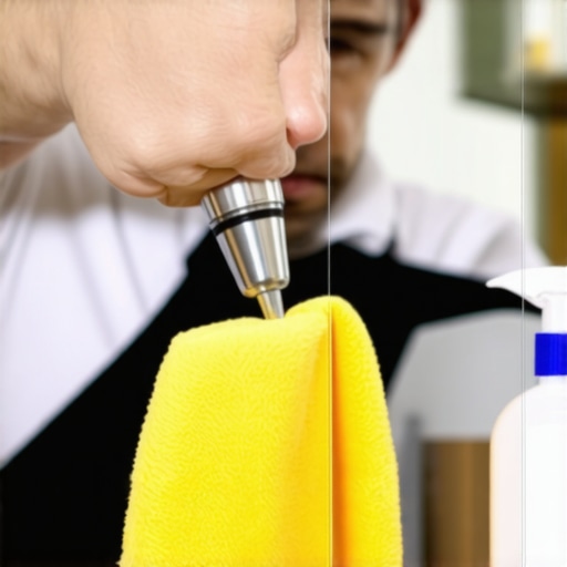 Barista using microfiber cloth and cleaning spray on espresso machine steam wand.