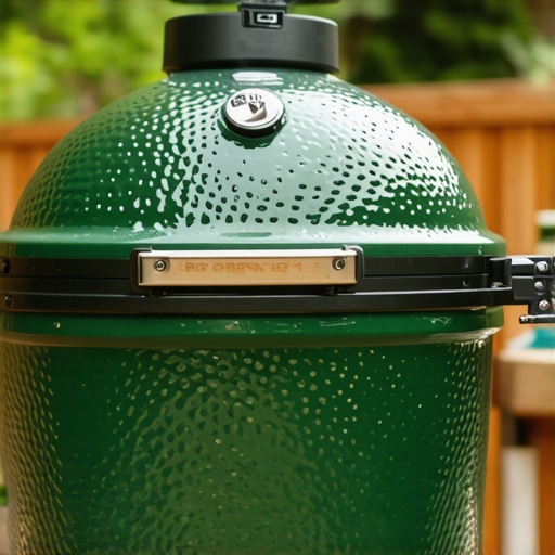 Close-up of Big Green Egg ceramic smoker and grill in backyard