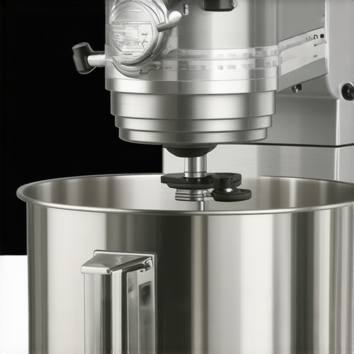 A sleek stainless steel stand mixer with bowl scraper attachment operating in a professional kitchen environment.