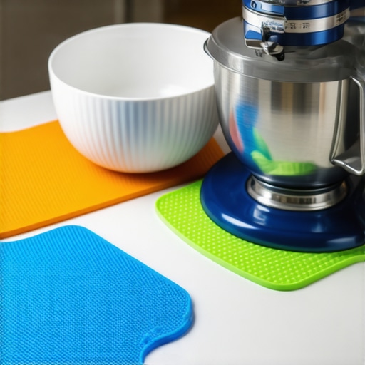 Silicone pads preventing a stand mixer from slipping on a kitchen counter.