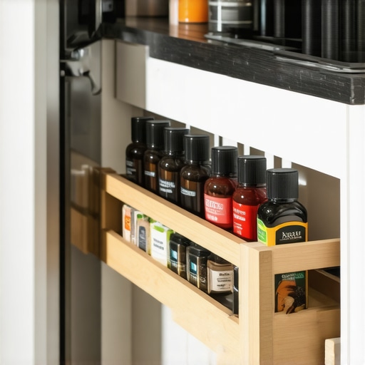 A narrow, semi-circular spice rack smoothly pulled out from a kitchen corner cabinet, showing organized spice jars.