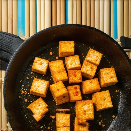 Cast iron skillet cooking crispy tofu