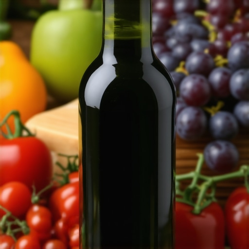 Bottle of grapeseed oil with fresh produce in the background