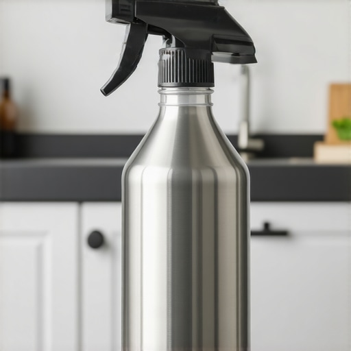 A spray bottle of powerful stainless steel cleaner on a kitchen counter.