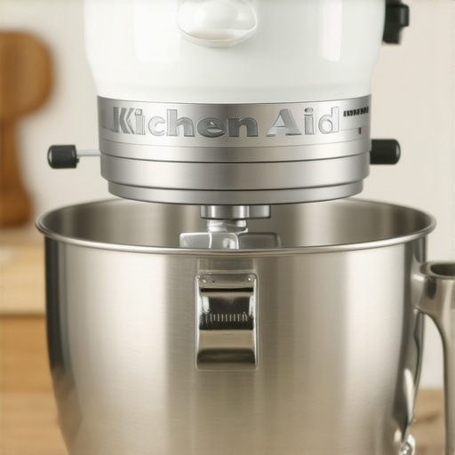 KitchenAid stand mixer with flat beater attached, mixing batter in a kitchen setting.