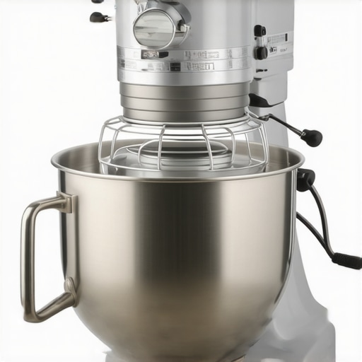 Commercial grade KitchenAid mixer with large mixing bowl and attachments.