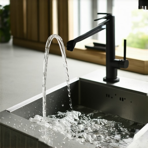 A small, modern water softener under the sink with clear water flow.