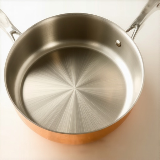 Copper Mauviel fry pan showcasing polished exterior and stainless steel interior