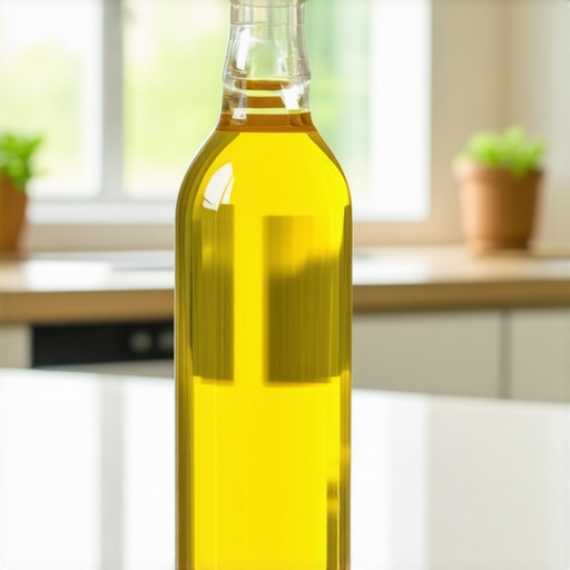Bottle of mineral oil on a wooden butcher block in a modern kitchen.
