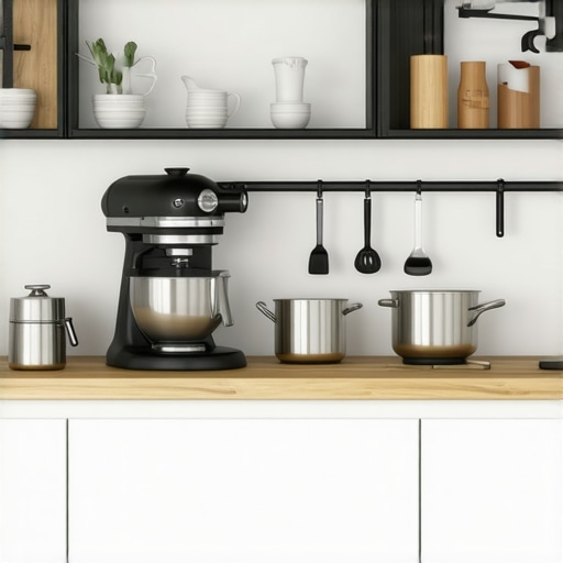 A sleek kitchen featuring premium espresso machine, stand mixer, and cookware.