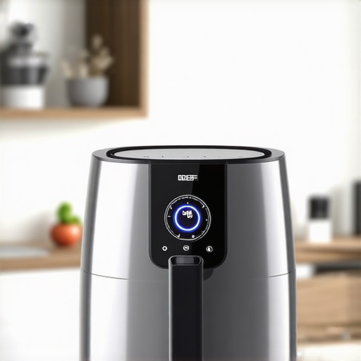 A sleek stainless steel air fryer with a digital interface in a contemporary kitchen.